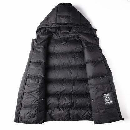 Warm men's down jacket with hood