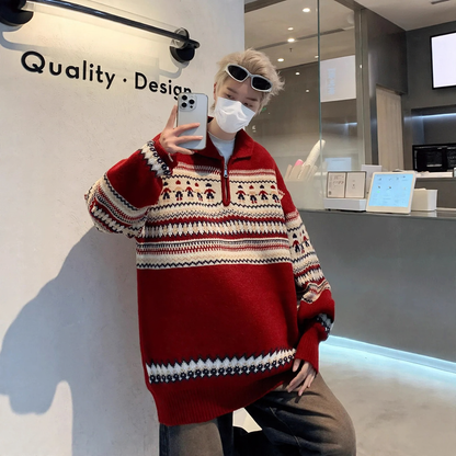 Christmas Knit Sweater, Polo Collar, Vintage Style