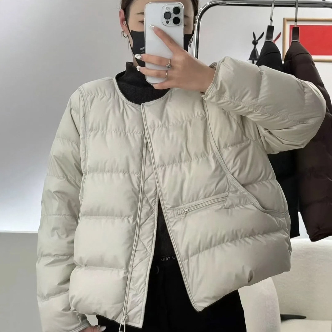 Short women's down jacket, round neckline, lightweight