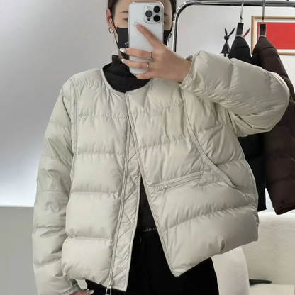 Short women's down jacket, round neckline, lightweight