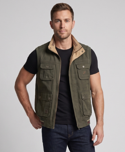 Men's Canvas Utility Vest with multiple pockets, stand-up collar and lightly padded lining EVA-US