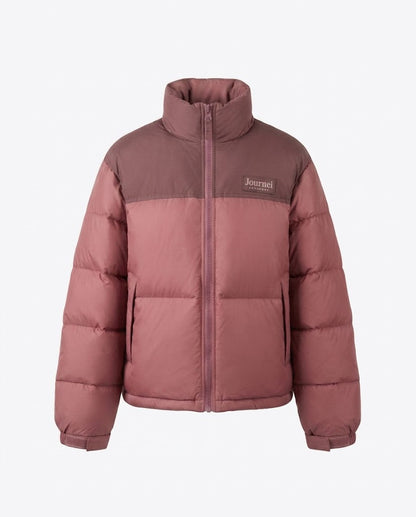 Women's short padded puffer jacket with high collar and contrasting shoulder yoke