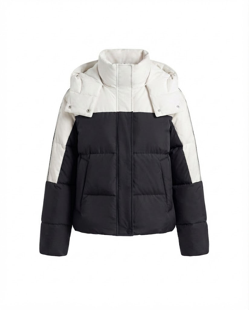Women's short two-tone quilted short coat with removable collar trim and sporty sleeve stripes