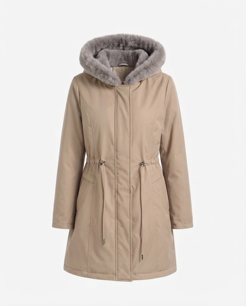 Women's knee-length thermoparkas with removable teddy hood, drawstring waist and concealed front flap