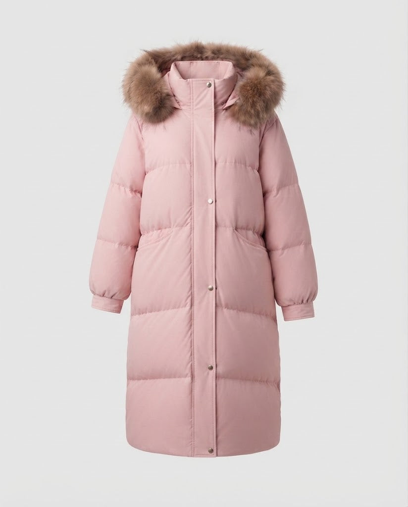 Women's longer quilted winter parka with feminine A-line, detachable hood, and extra large side pockets