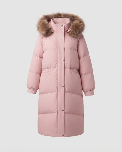 Women's longer quilted winter parka with feminine A-line, detachable hood, and extra large side pockets