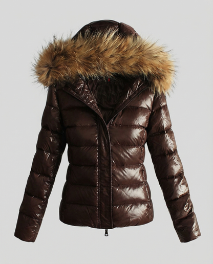 Women's winter down jacket with removable hood and luxurious fur collar