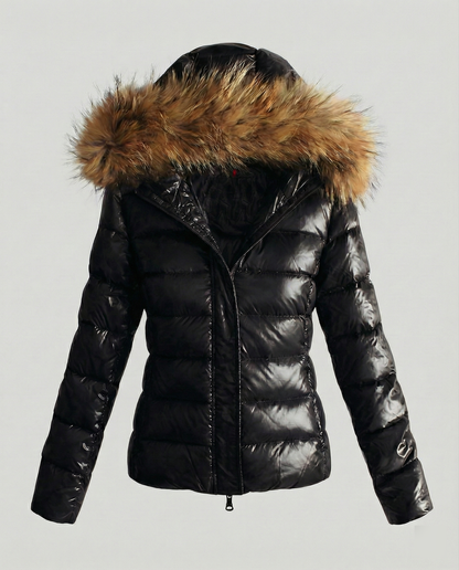 Women's winter down jacket with removable hood and luxurious fur collar