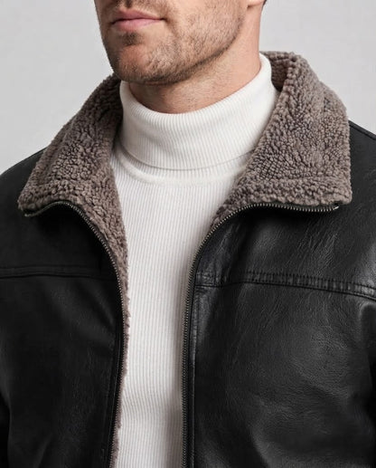 Men's synthetic leather zip jacket with full teddy fleece lining and high stand-up collar EVA-US