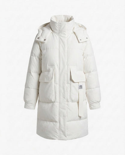 Women's longer padded quilted coat with high stand-up collar, concealed front placket and large patch pockets.