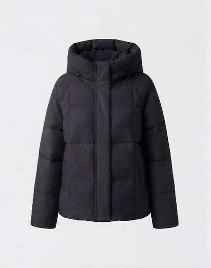 Women's short quilted hooded parka with light thermal filling, square quilting and adjustable drawstring hem