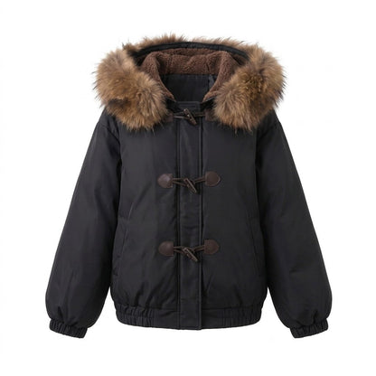 Women's nano short thermo bomber with detachable faux fur collar and teddy hood lining