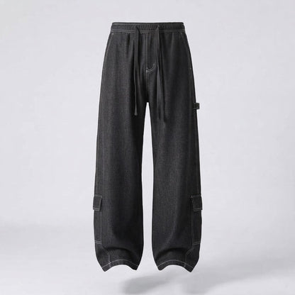 Men's Wide Baggy Cargo Pants with Drawstring, Contrast Stitching & Utility Pocket EVA-US