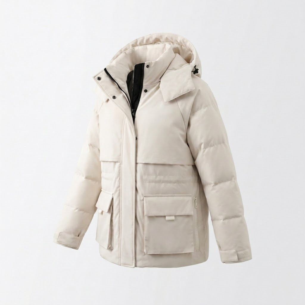 Women's short padded parka with large hood, multifunctional flap pockets and high collar