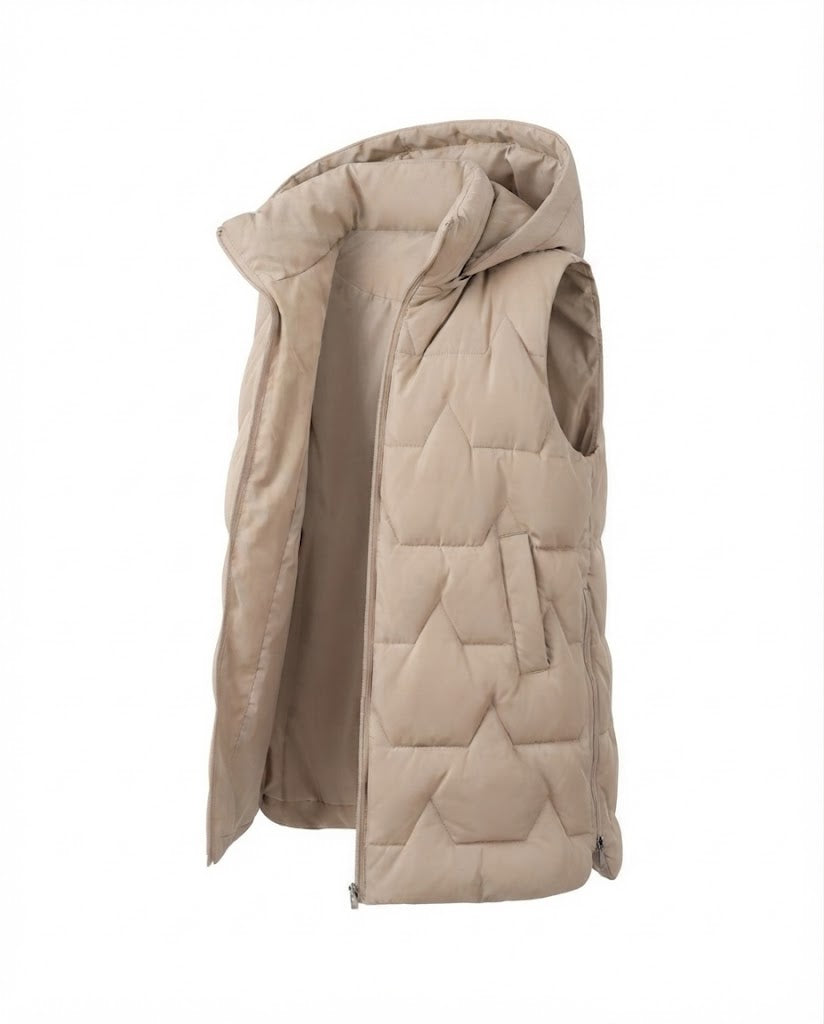 Women's long quilted hooded vest with zigzag stitching, high stand-up collar and side zip pockets