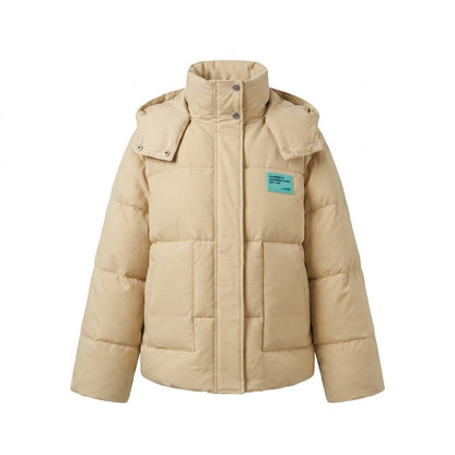 Women's short thermo puffer with structured micro-check quilting and ergonomic hood collar