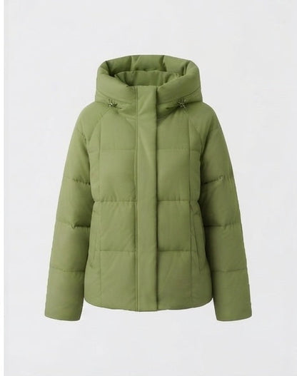 Women's short quilted hooded parka with light thermal filling, square quilting and adjustable drawstring hem