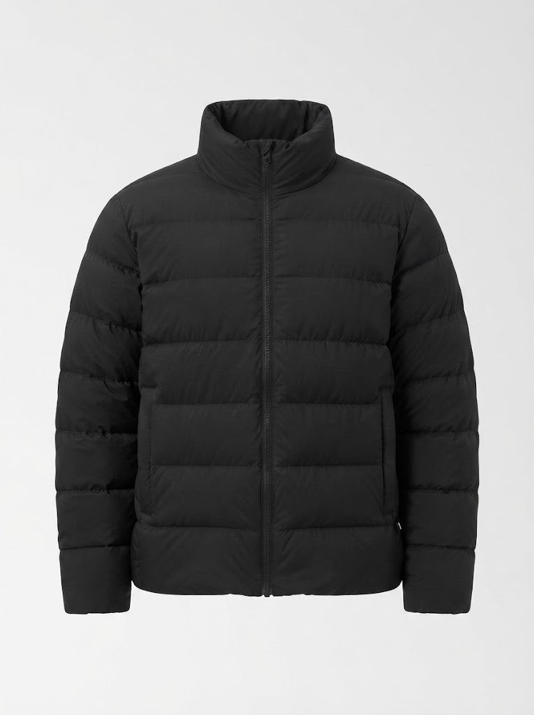 Women's ultra-lightweight hoodless oversized puffer with high standing collar, silent outer shell, and thermally insulating padding