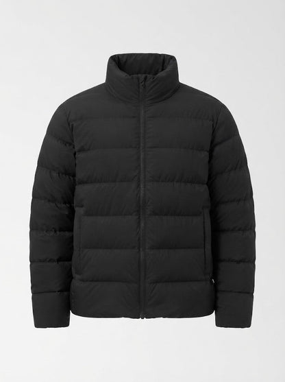 Women's ultra-lightweight hoodless oversized puffer with high standing collar, silent outer shell, and thermally insulating padding