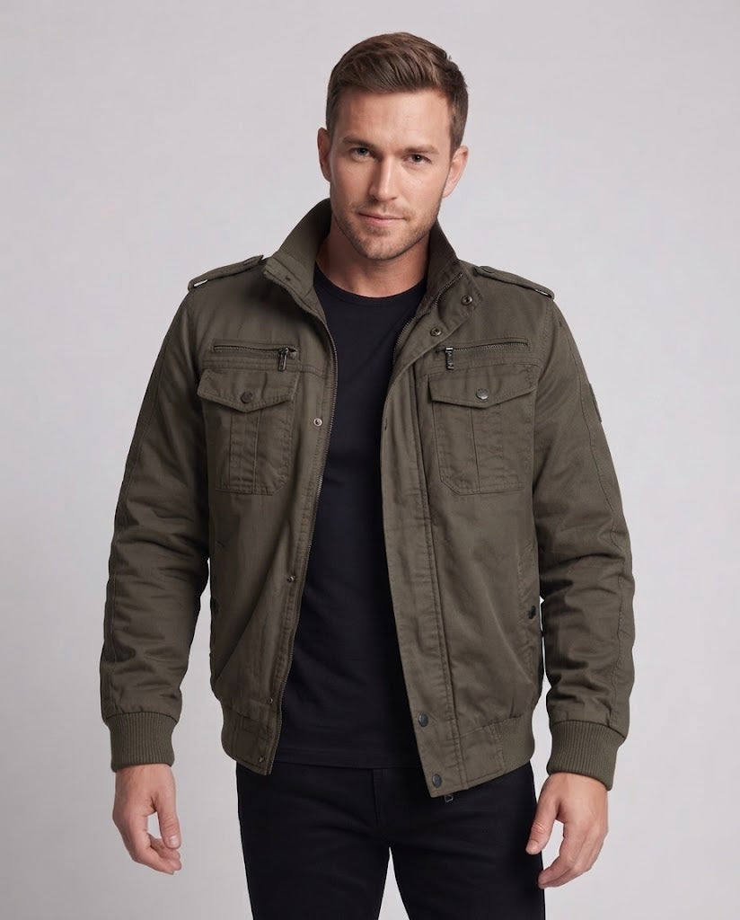 Men's short-cut pilot jacket made of canvas with hidden thermal lining and shoulder epaulets EVA-US