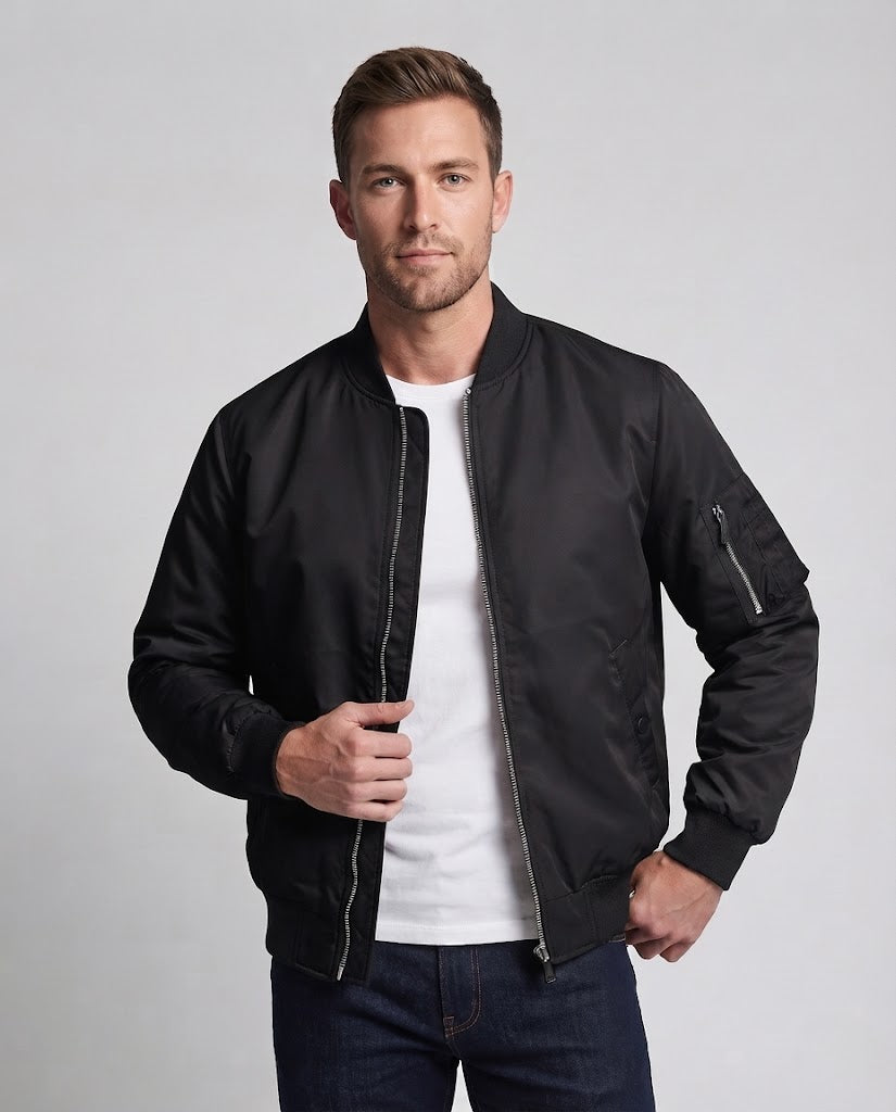 Men's lightweight nylon flight bomber with arm pocket, dual zipper and ribbed cuffs EVA-US