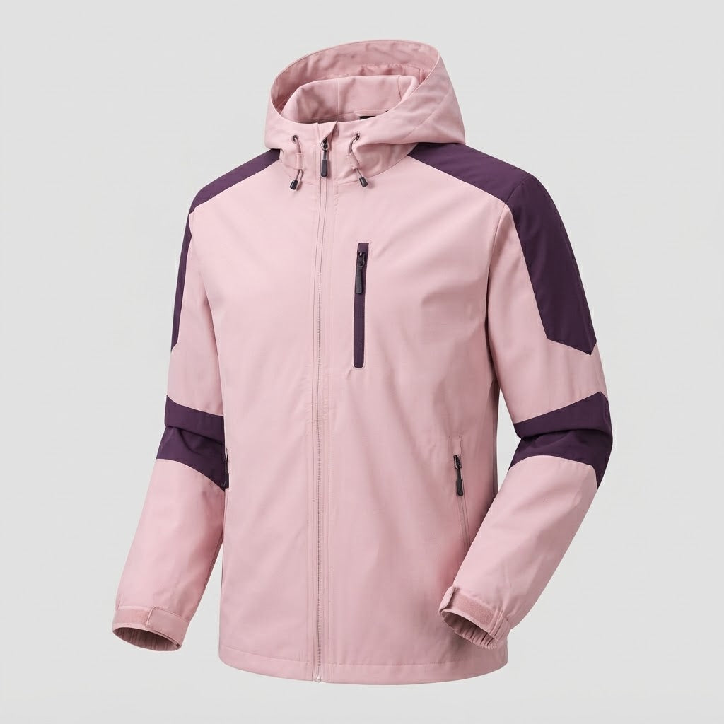 Men's lightweight water-repellent hooded softshell jacket with contrast stripes and chest zip EVA-US
