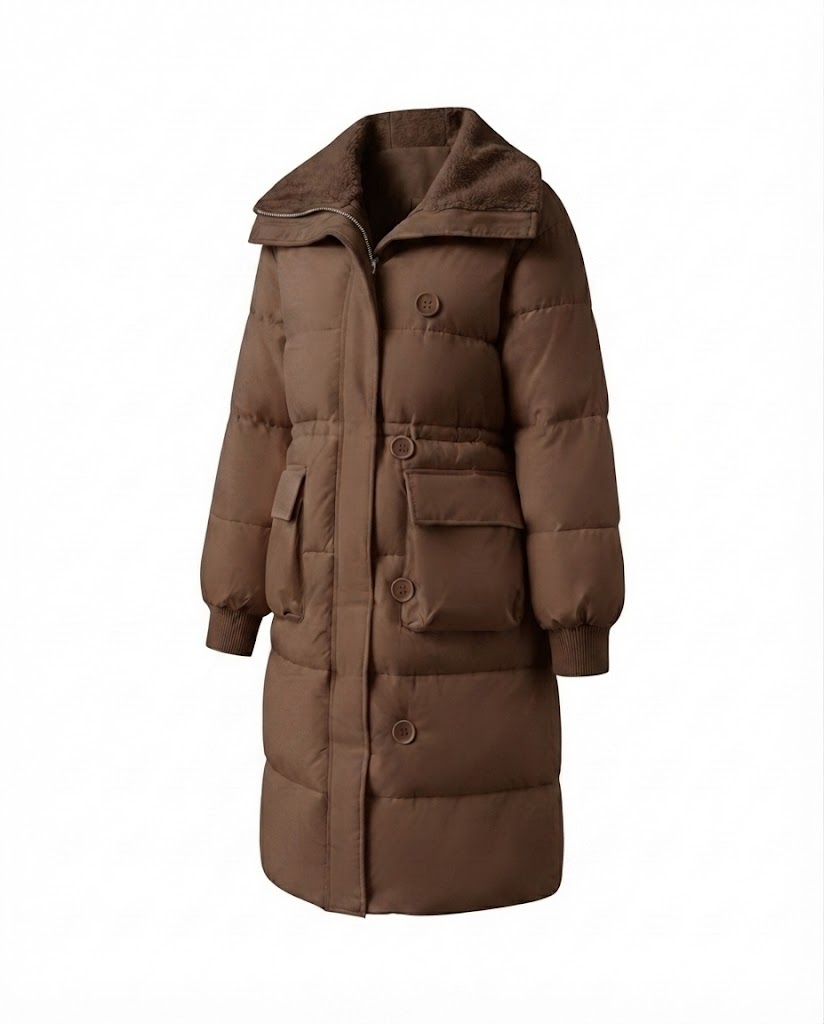 Women's long padded coat with Sherpa shawl collar, waist drawstring, and large flap pockets