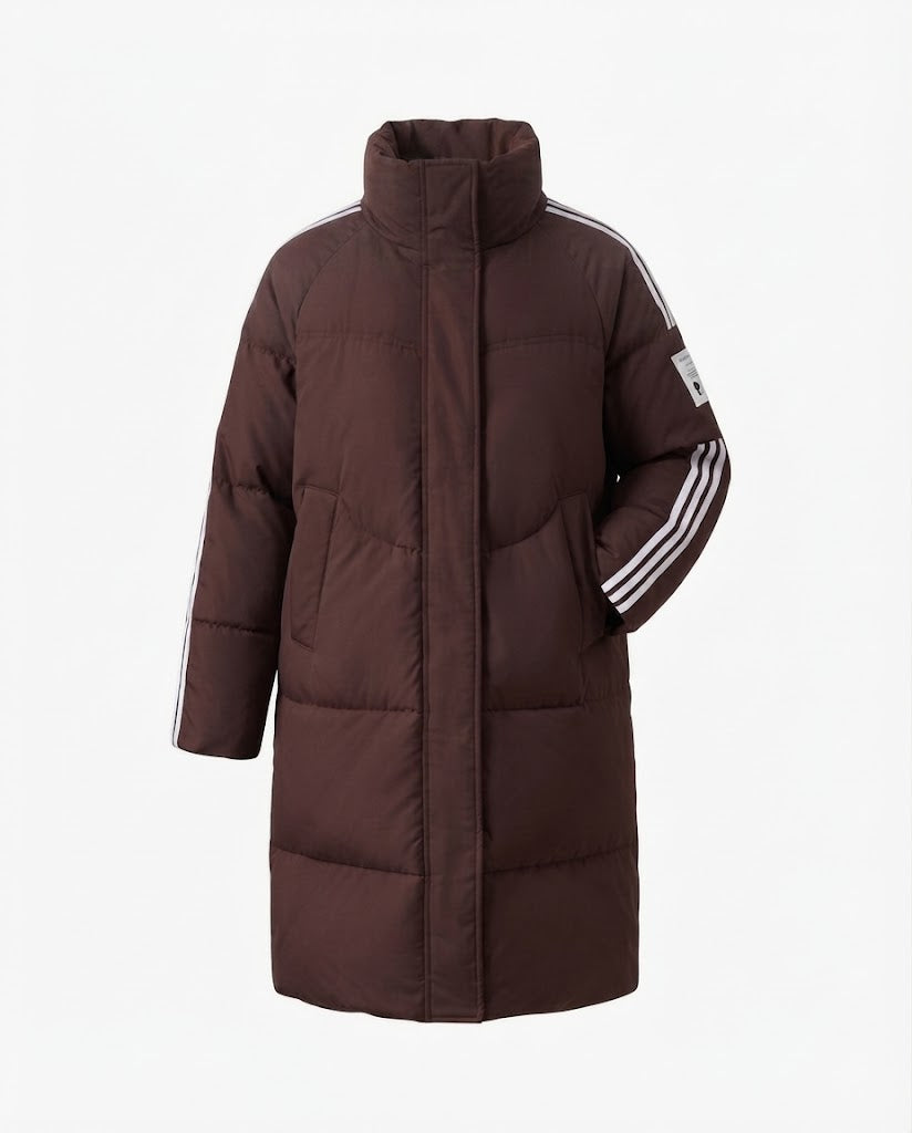 Women's longer sporty quilted coat with contrasting striped sleeves and high stand-up collar
