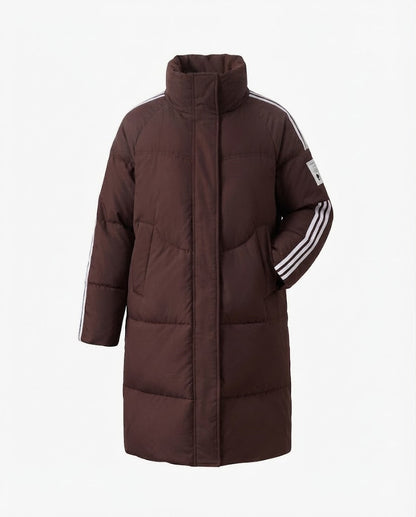 Women's longer sporty quilted coat with contrasting striped sleeves and high stand-up collar