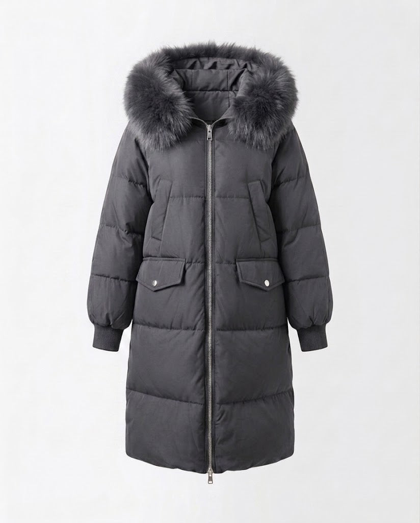 Women's longer padded hooded coat with removable fur trim and two-way zip