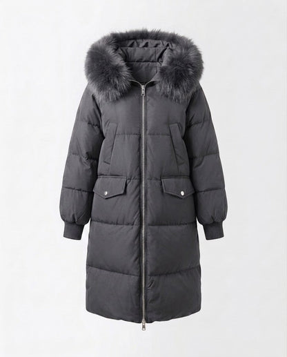 Women's longer padded hooded coat with removable fur trim and two-way zip
