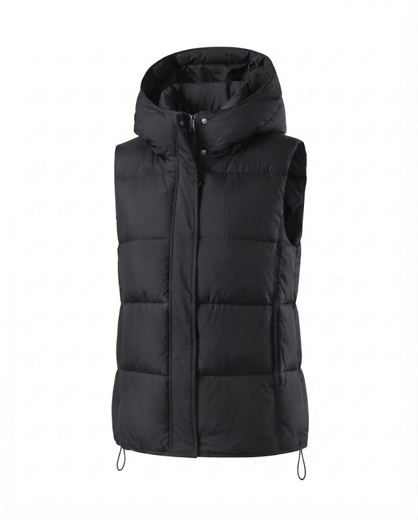 Women’s nano ultra-light insulation vest with voluminous hood, concealed two-way front and adjustable hem