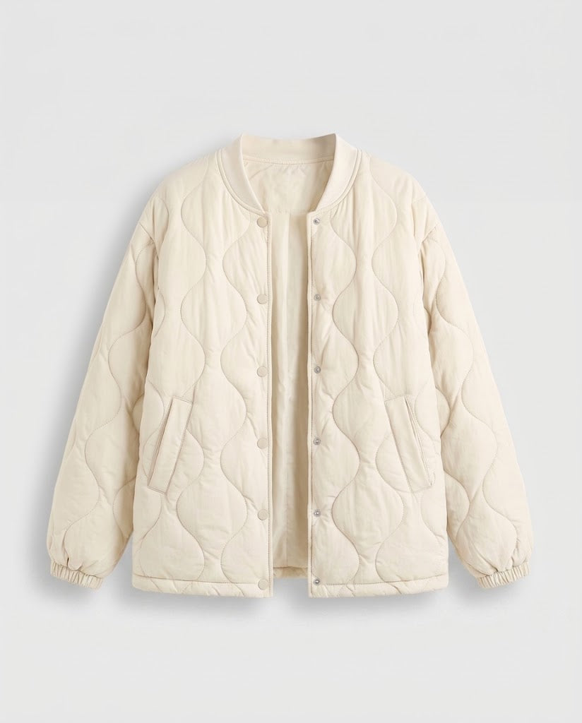 Women's lightweight quilted short jacket with cloud quilt and snap button placket