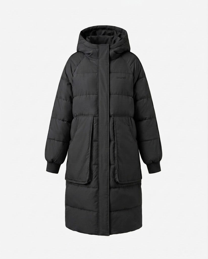 Women's longer padded hooded coat with oversized patch pockets, elastic cuffs, and concealed two-way zipper