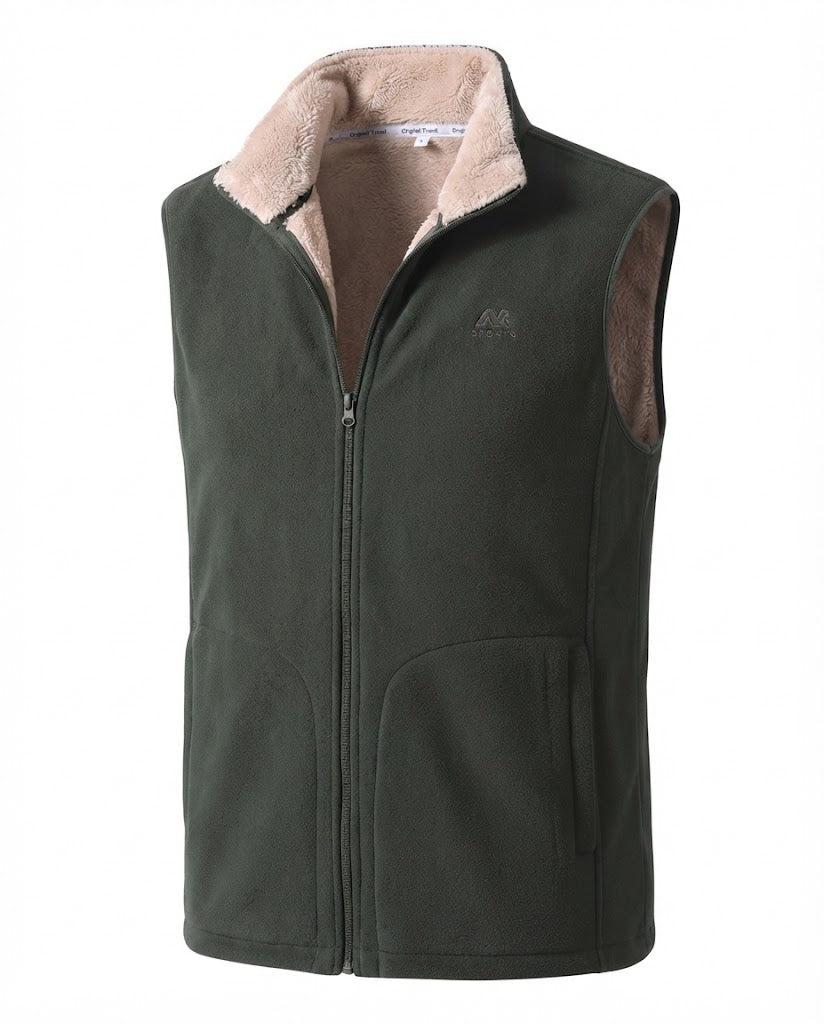 Men's thermal fleece vest with Sherpa lining, high stand-up collar and concealed side pockets