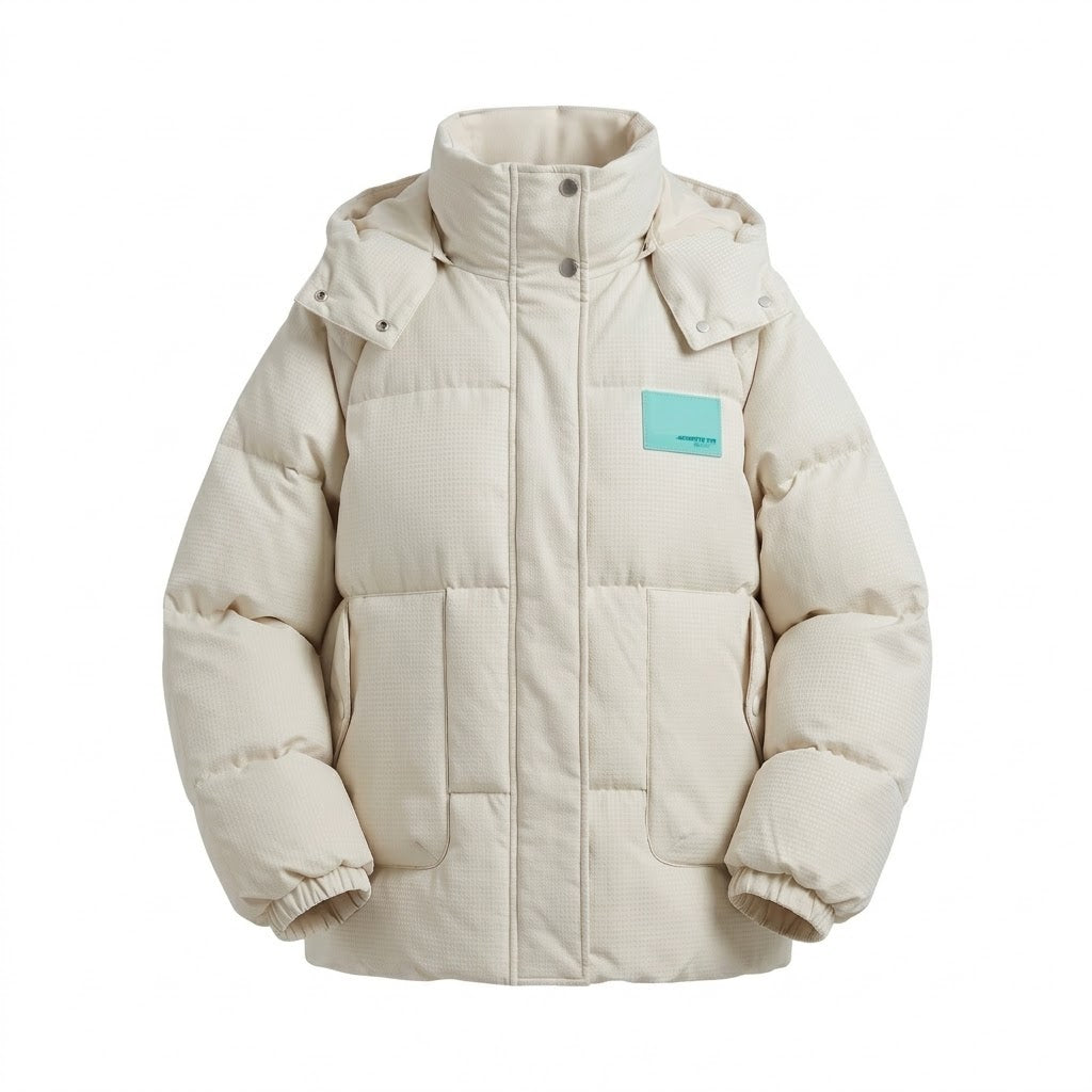 Women's short thermo puffer with structured micro-check quilting and ergonomic hood collar