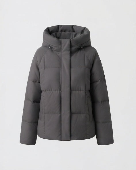 Women's short quilted hooded parka with light thermal filling, square quilting and adjustable drawstring hem