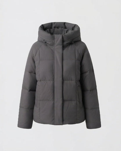 Women's short quilted hooded parka with light thermal filling, square quilting and adjustable drawstring hem