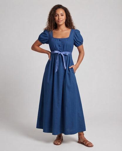 Women Elegant Maxi Dress with Puff Sleeves and Waistband EVA-US