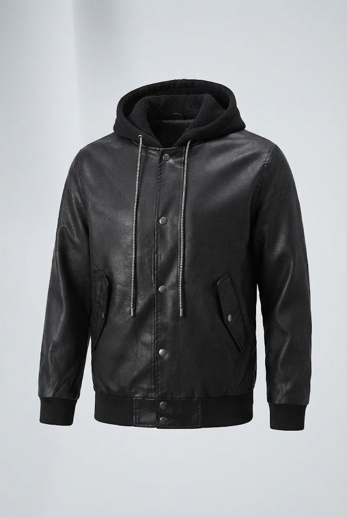 Men's Fashion Faux Leather Jacket with Hood EVA-US