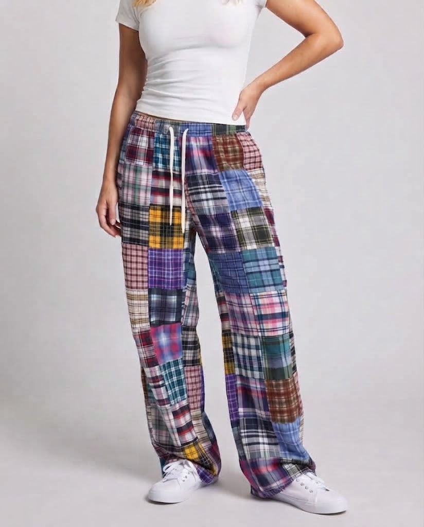 Women's Wide-Cut Carrot Pants with Artistic Check Pattern EVA-US