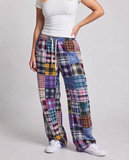 Women's Wide-Cut Carrot Pants with Artistic Check Pattern EVA-US