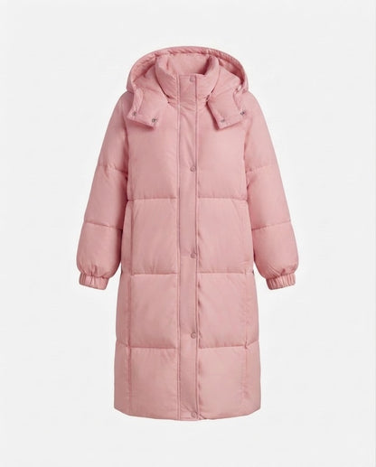 Women's longer minimalist padded coat with high wrap collar and straight square quilting seams