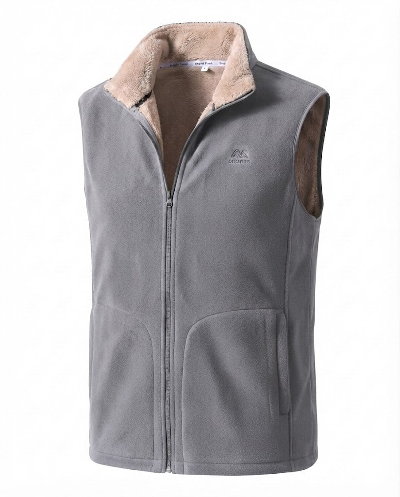 Men's thermal fleece vest with Sherpa lining, high stand-up collar and concealed side pockets