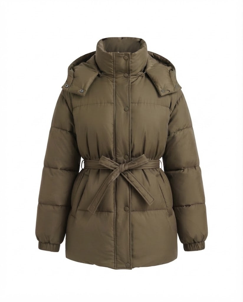 Women's mid-length quilted winter coat with tie belt, high stand-up collar and snap button placket