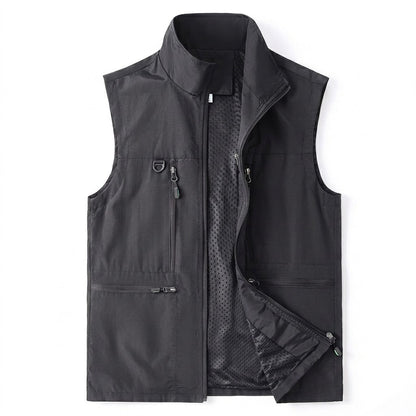 Men's Multifunctional Outdoor Vest with Mesh Lining, High Collar and Zip Pockets