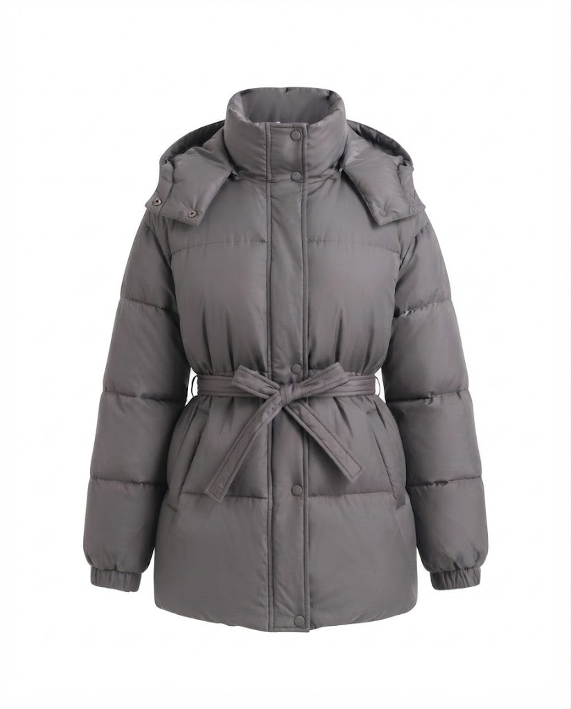 Women's mid-length quilted winter coat with tie belt, high stand-up collar and snap button placket