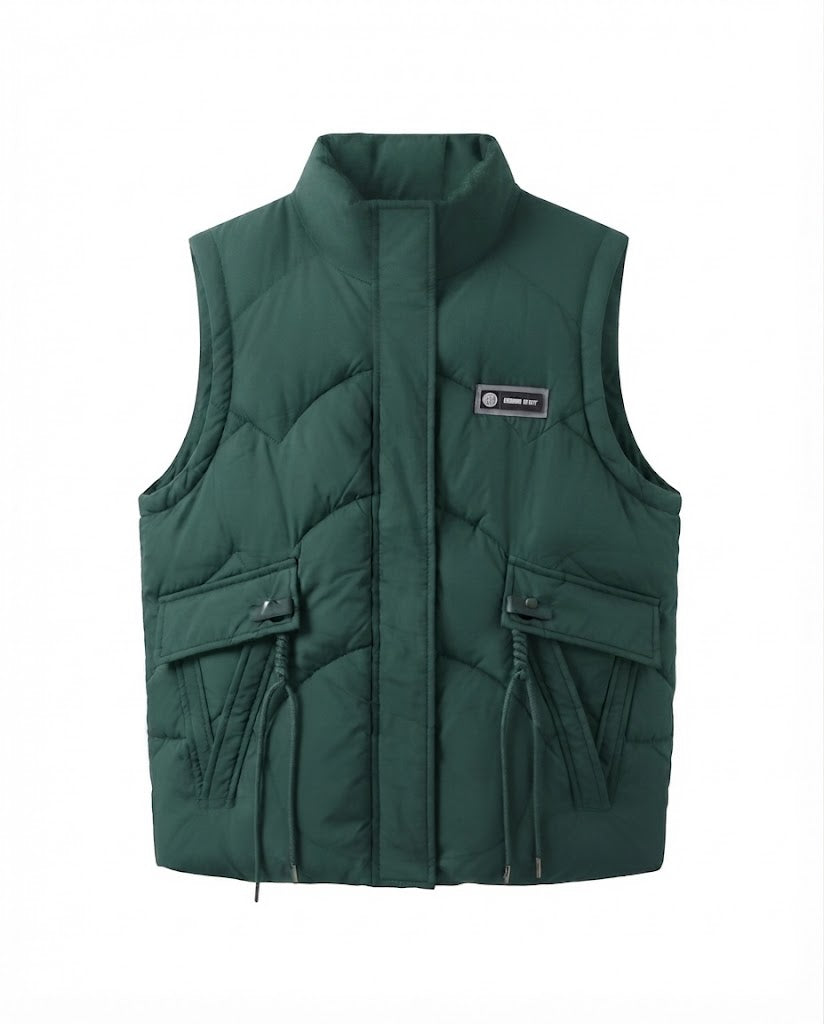 Women's lightweight thermal quilted vest with integrated hooded inner collar, multifunctional outer pockets, and adjustable drawstring.