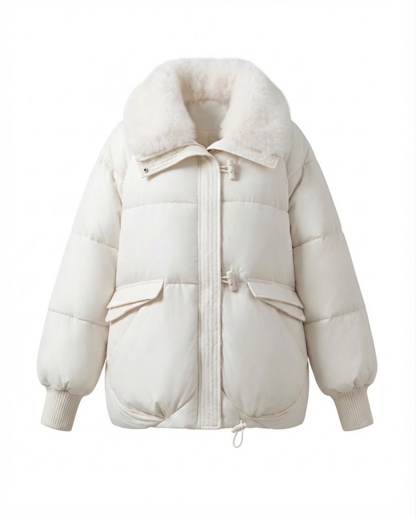Women's modern oversized puffer with voluminous teddy collar, concealed two-way zipper and adjustable hem