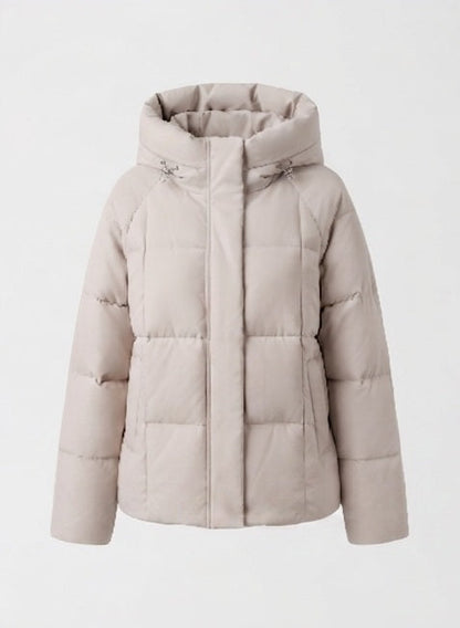 Women's short quilted hooded parka with light thermal filling, square quilting and adjustable drawstring hem